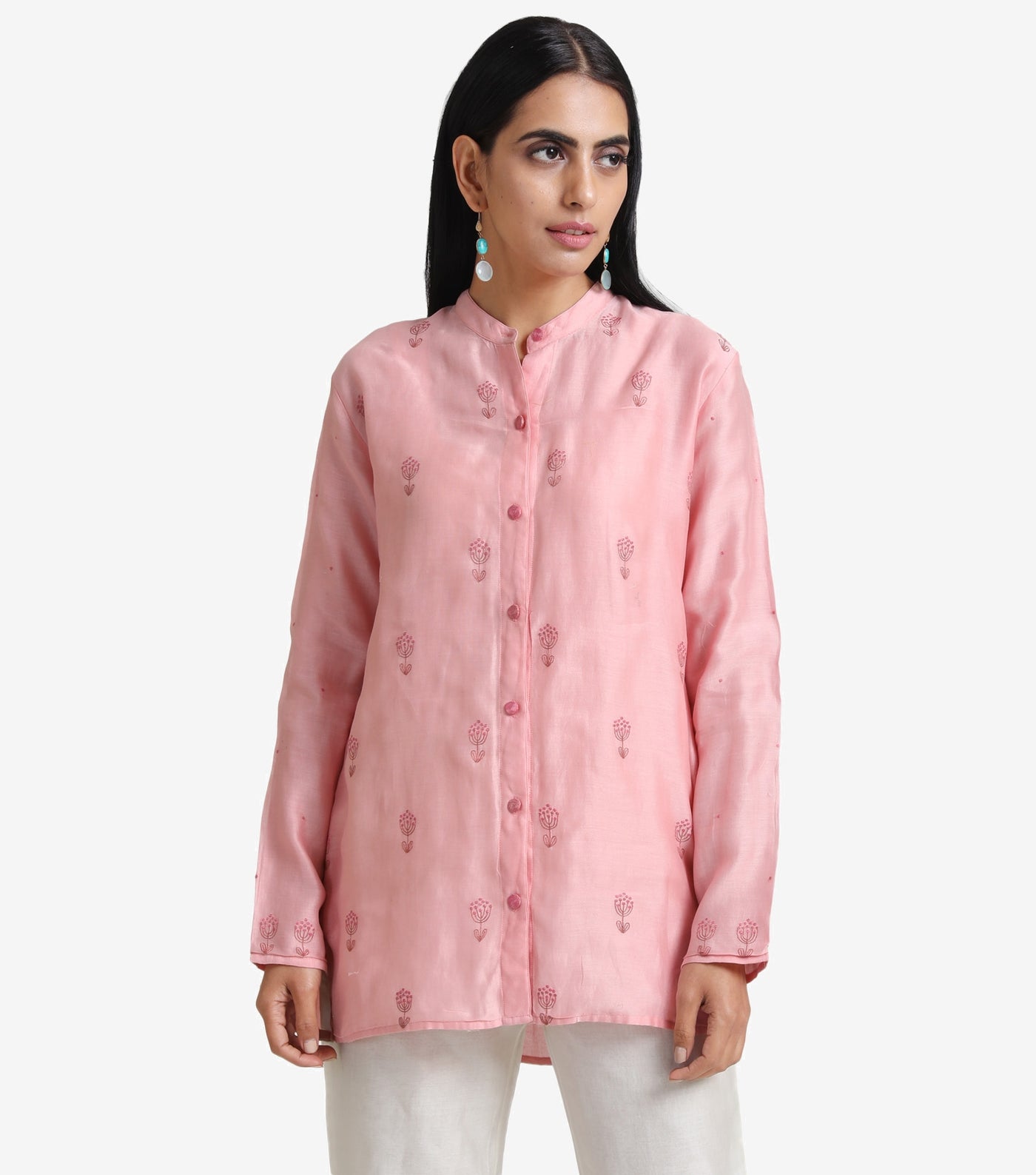 Pink embroidered chanderi shirt