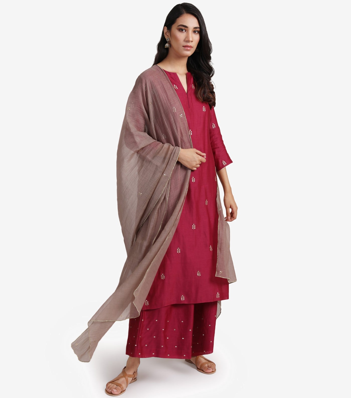 Maroon Chanderi Kurta & Cotton Palazzo Pants Set