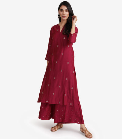 Maroon Chanderi Kurta & Cotton Palazzo Pants Set