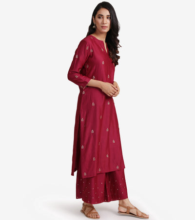 Maroon Chanderi Kurta & Cotton Palazzo Pants Set