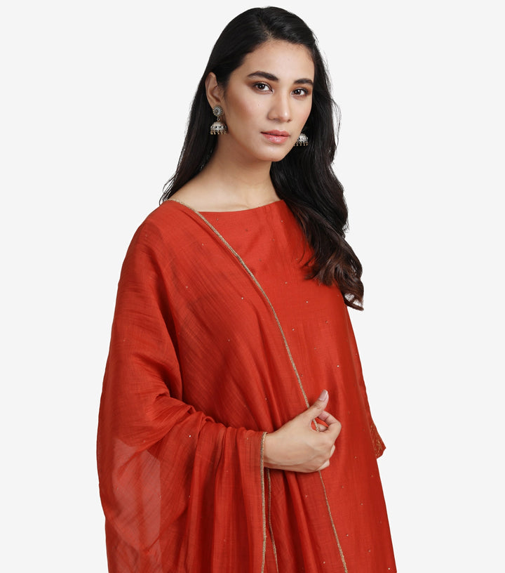 Dark Orange embroidered chanderi kurta set