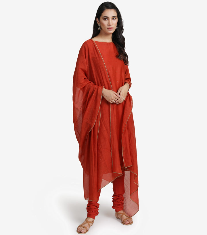 Dark Orange embroidered chanderi kurta set