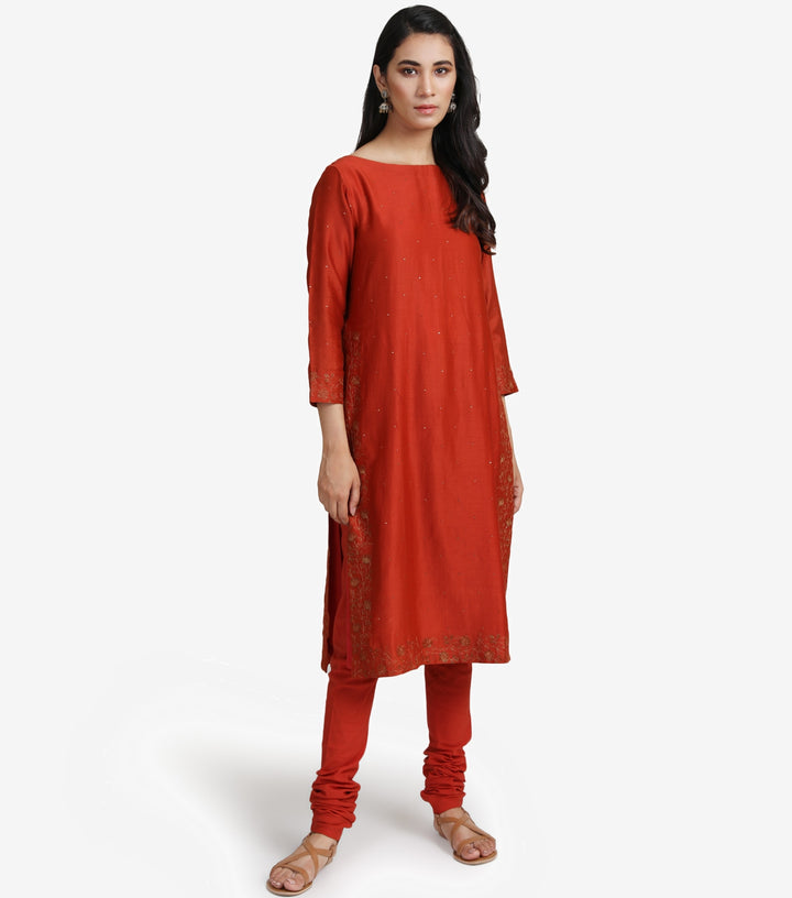 Dark Orange embroidered chanderi kurta set