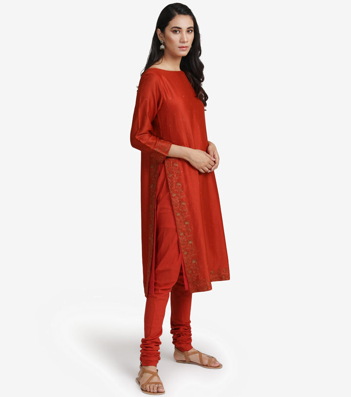 Dark Orange embroidered chanderi kurta set