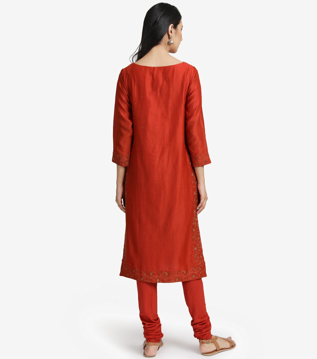 Dark Orange embroidered chanderi kurta set