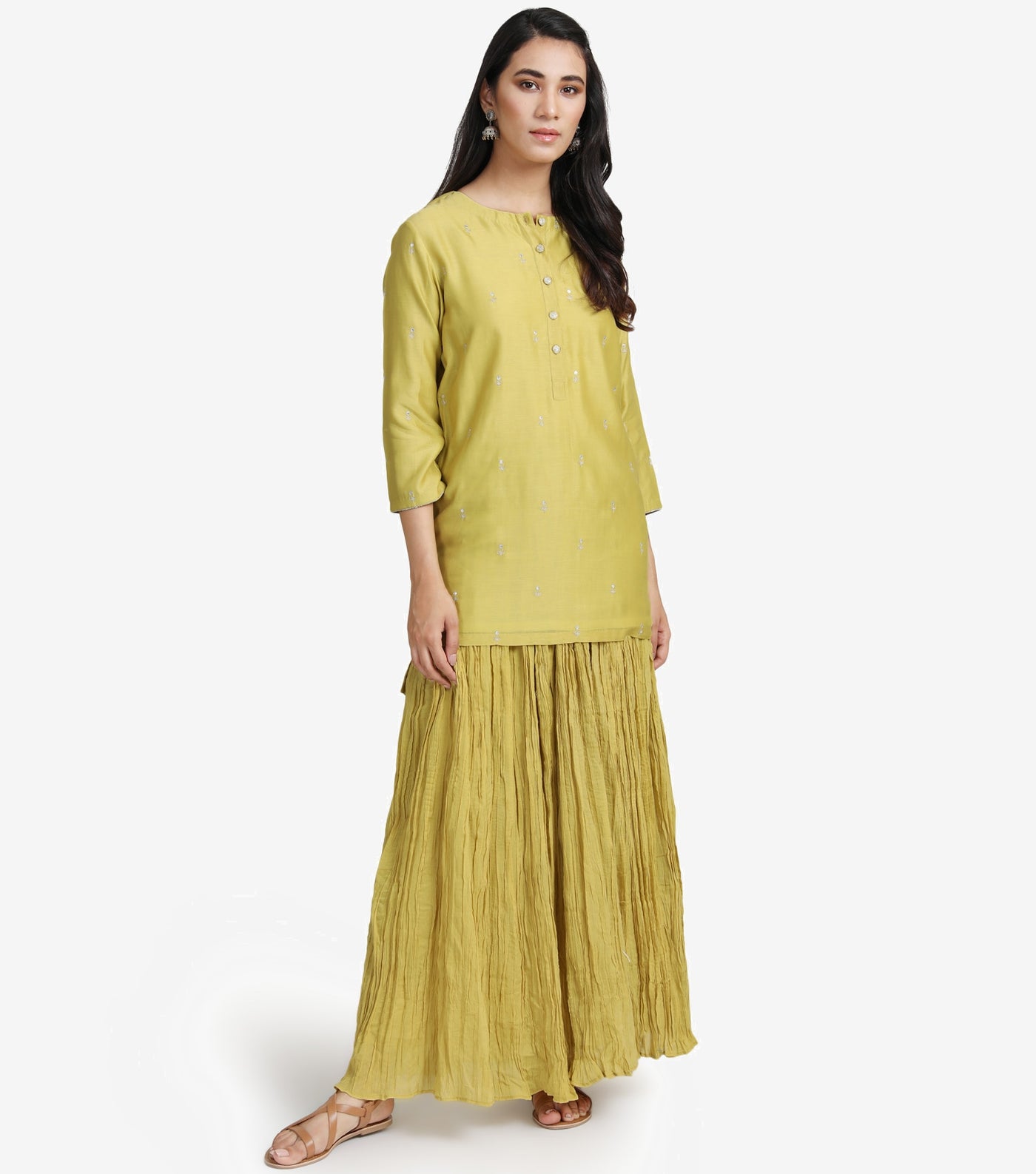 Greenish Yellow Chanderi Kurta & Skirt Set