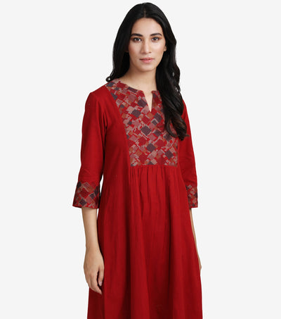 Red Embroidered Cotton linen Dress