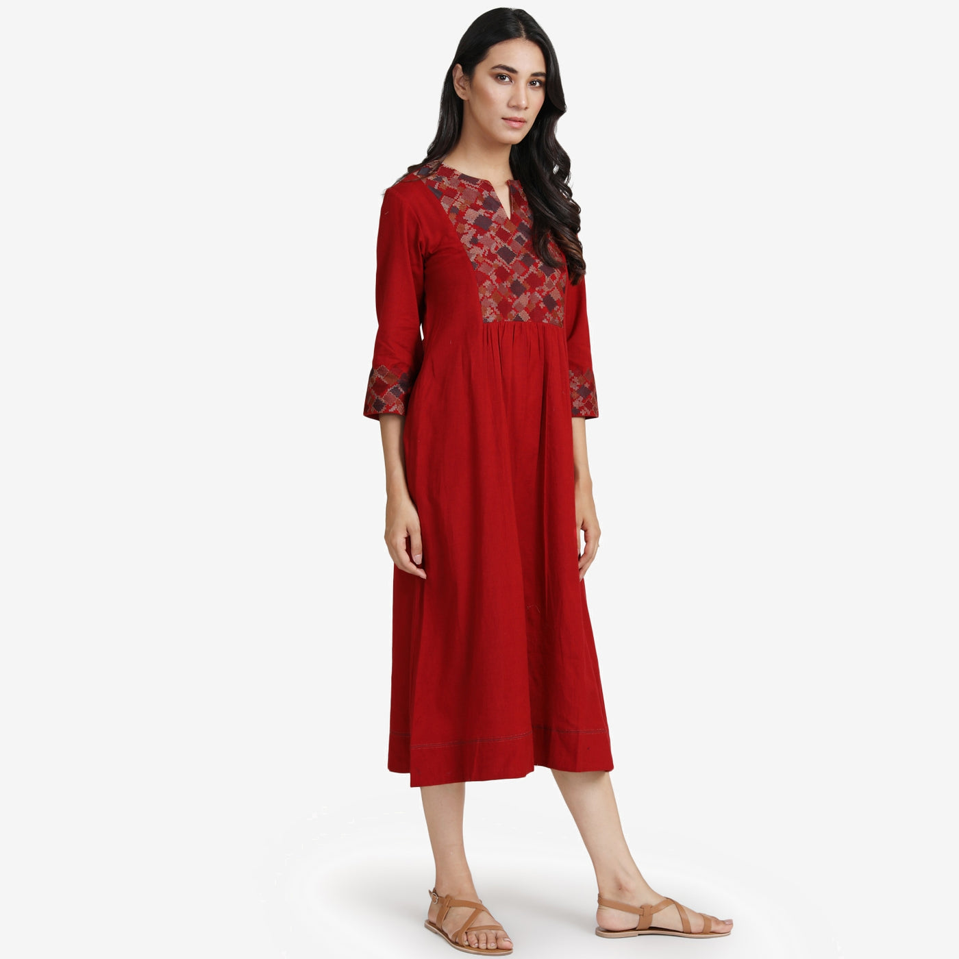 Red Embroidered Cotton linen Dress