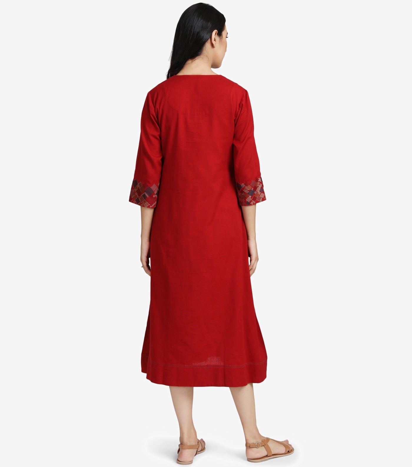 Red Embroidered Cotton linen Dress