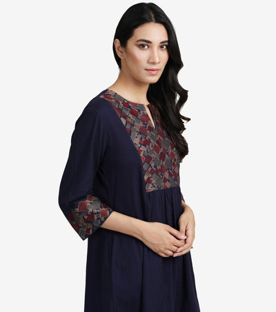 Navy Embroidered Cotton linen Dress