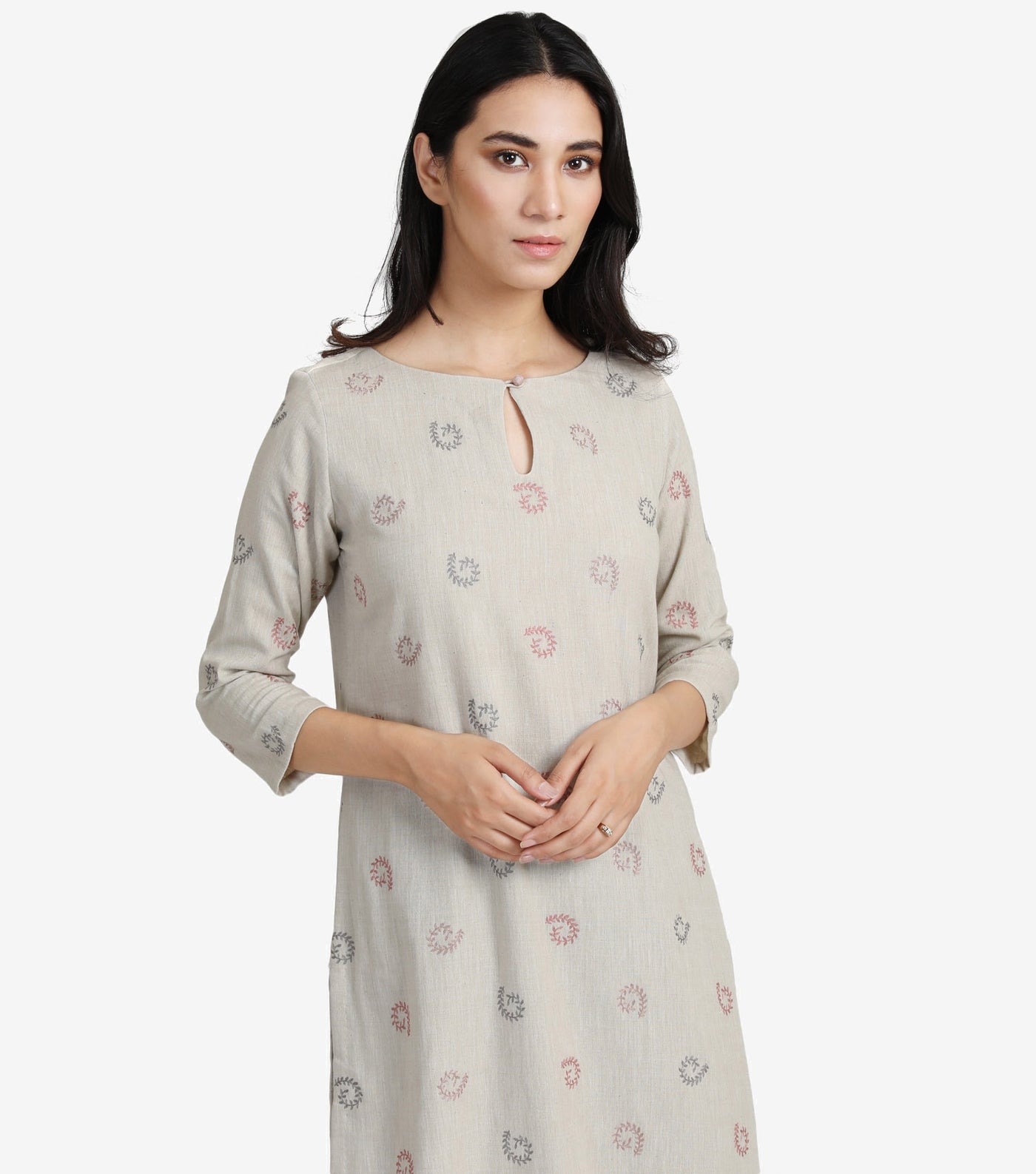 Beige embroidered khadi kurta