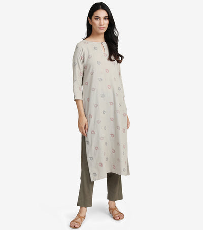 Beige embroidered khadi kurta