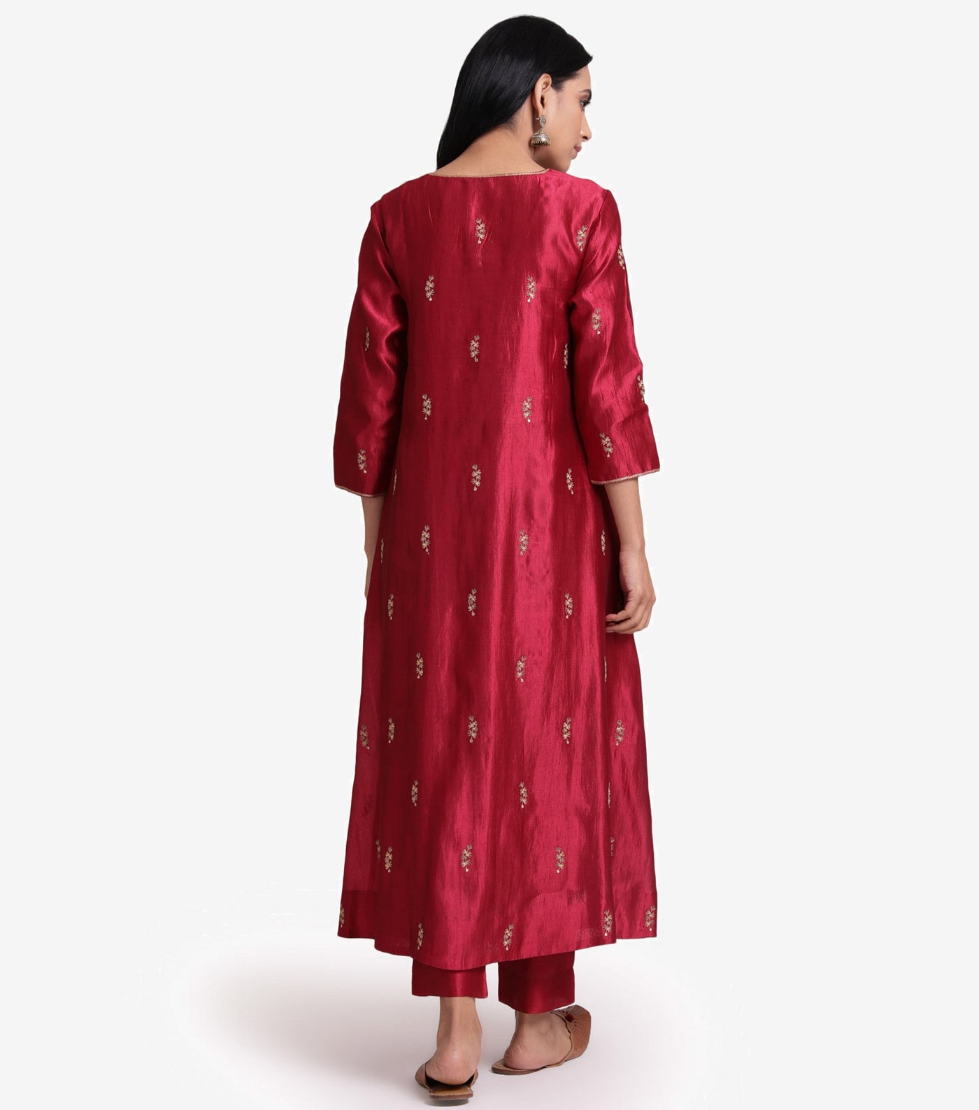Maroon embroidered flared silk kurta & pants set