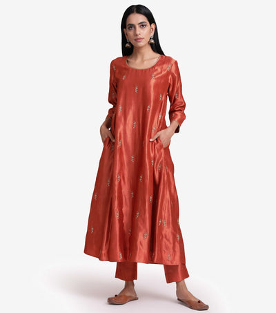 Rust Orange Embroidered Silk Kurta & Pants Set