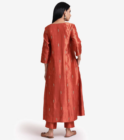 Rust Orange Embroidered Silk Kurta & Pants Set