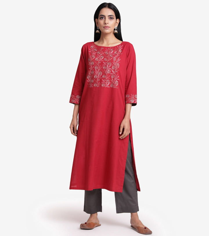Red embroidered kurta set