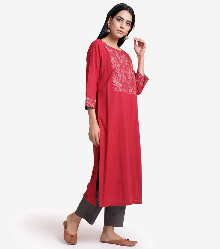 Red embroidered kurta set