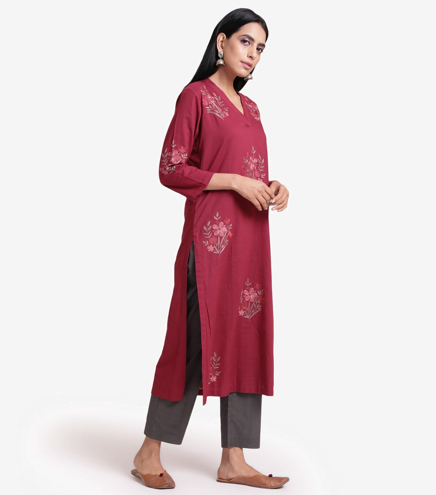 Ruby red embroidered cotton kurta & brown pants set