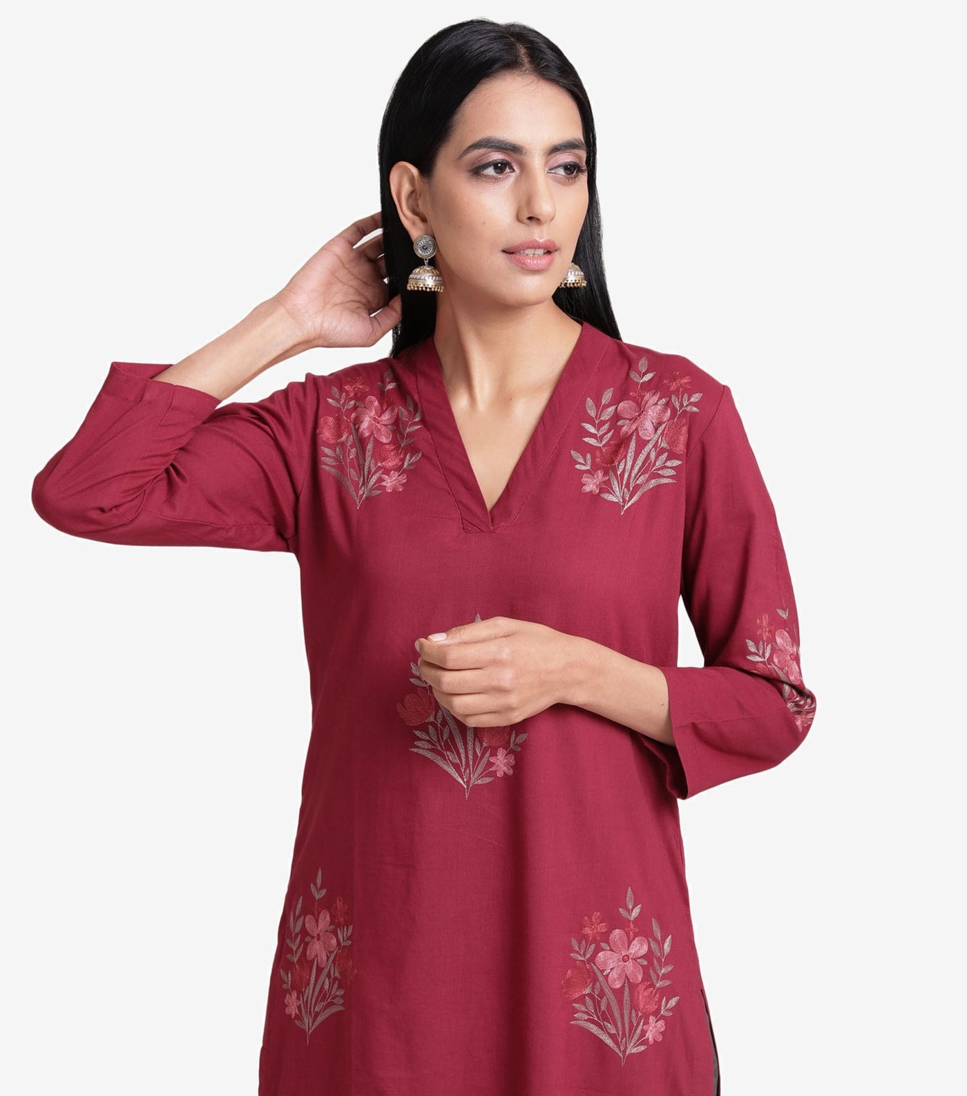Ruby red embroidered cotton kurta & brown pants set