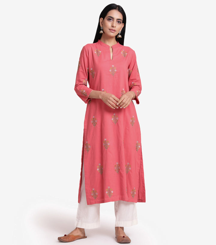 Floral Embroidered Coral Cotton Kurta