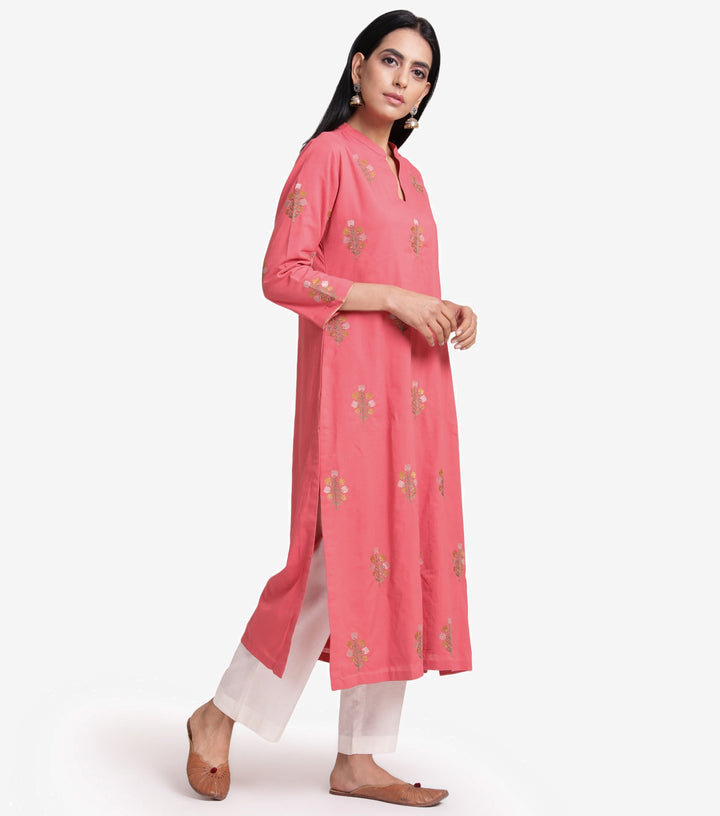 Floral Embroidered Coral Cotton Kurta