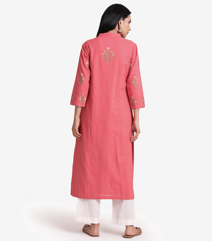 Floral Embroidered Coral Cotton Kurta