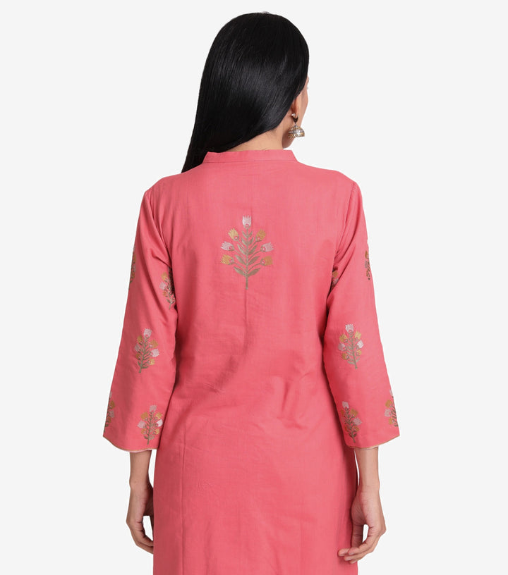 Floral Embroidered Coral Cotton Kurta