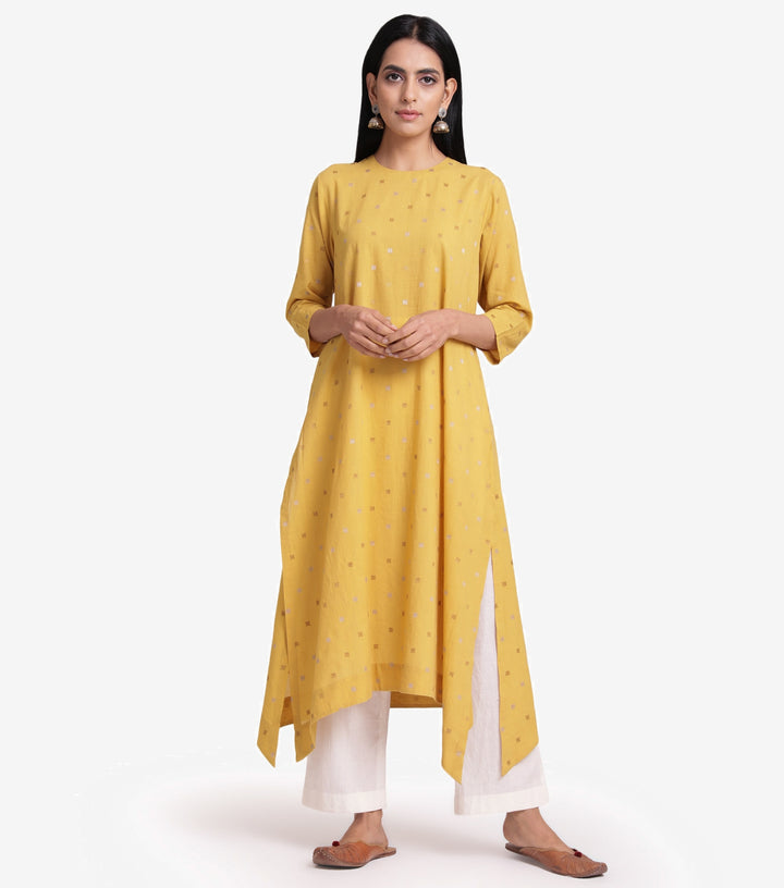 Embroidered Yellow Cotton Kurta with Asymmetrical Hem
