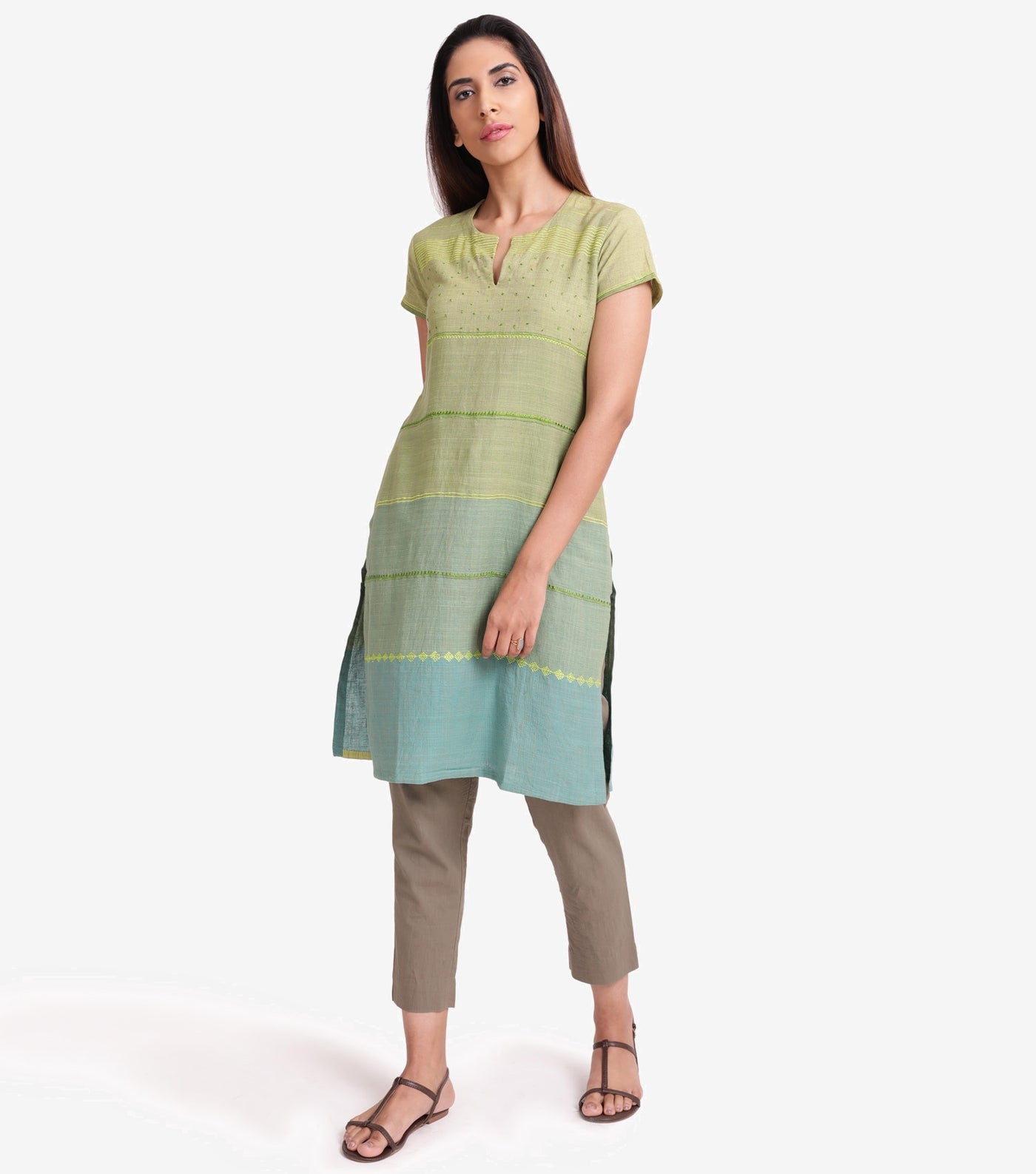 Green khadi embroidered kurta