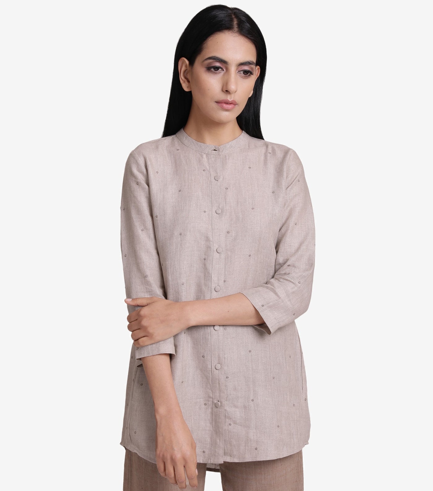 Beige linen embroidered shirt