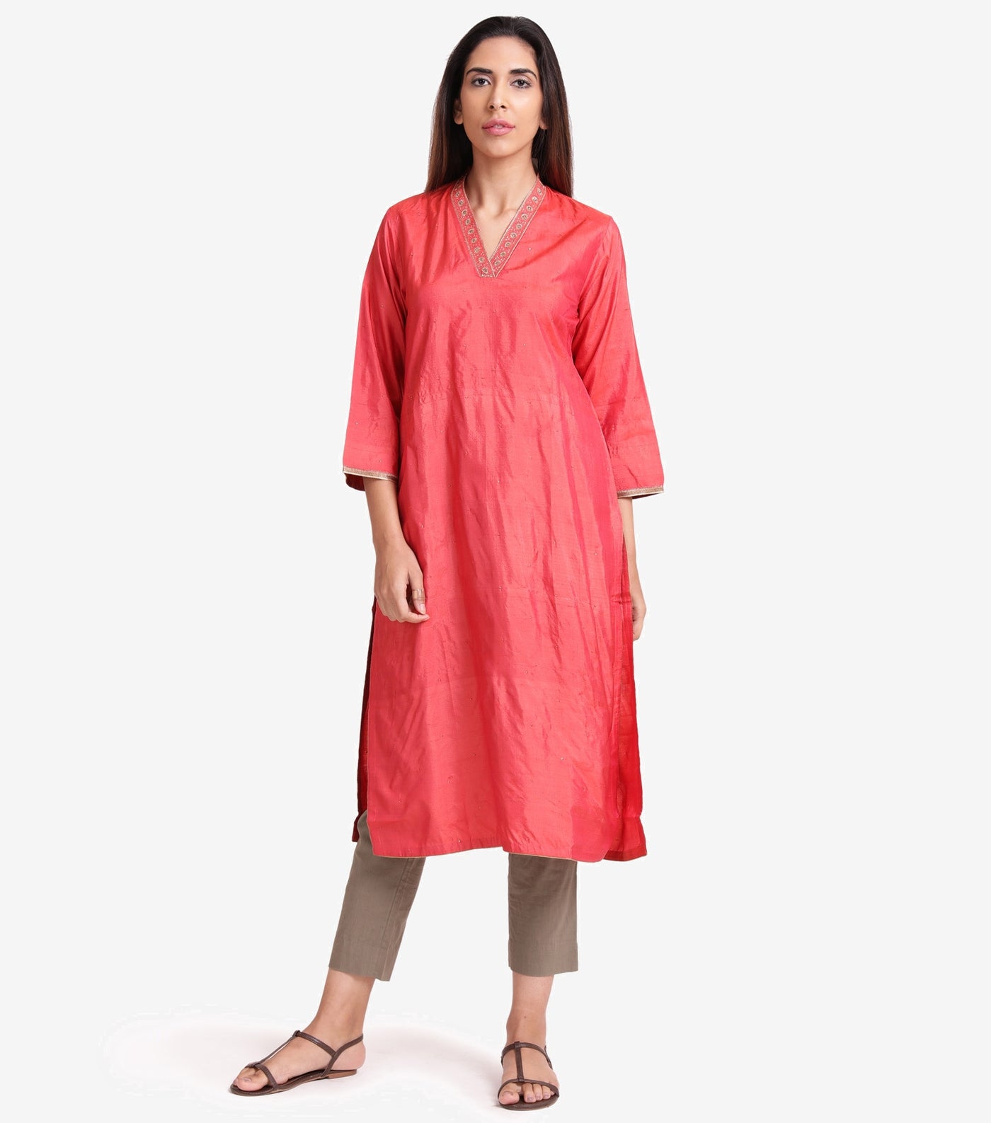 Pink hand embroidered silk kurta