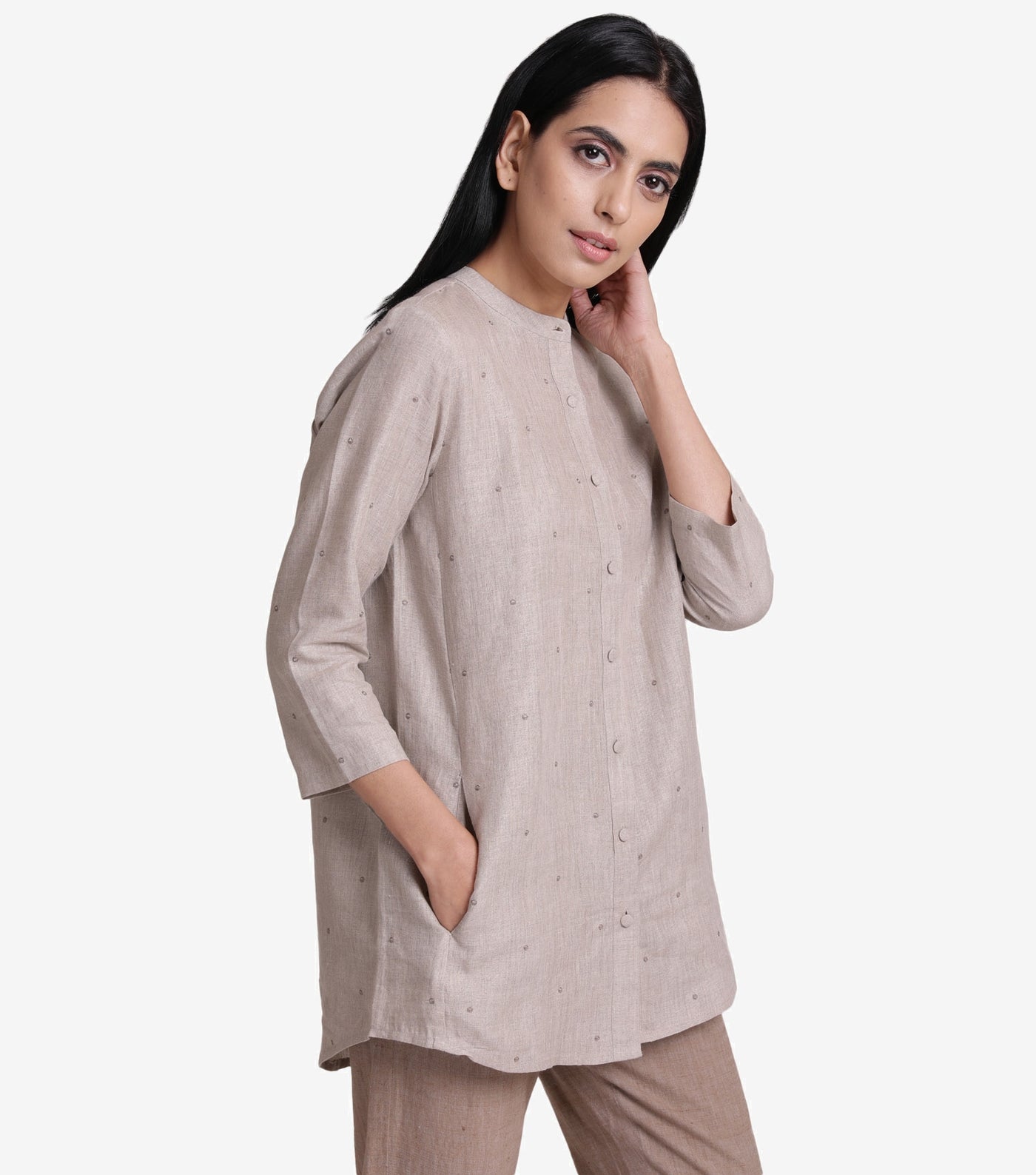 Beige linen embroidered shirt