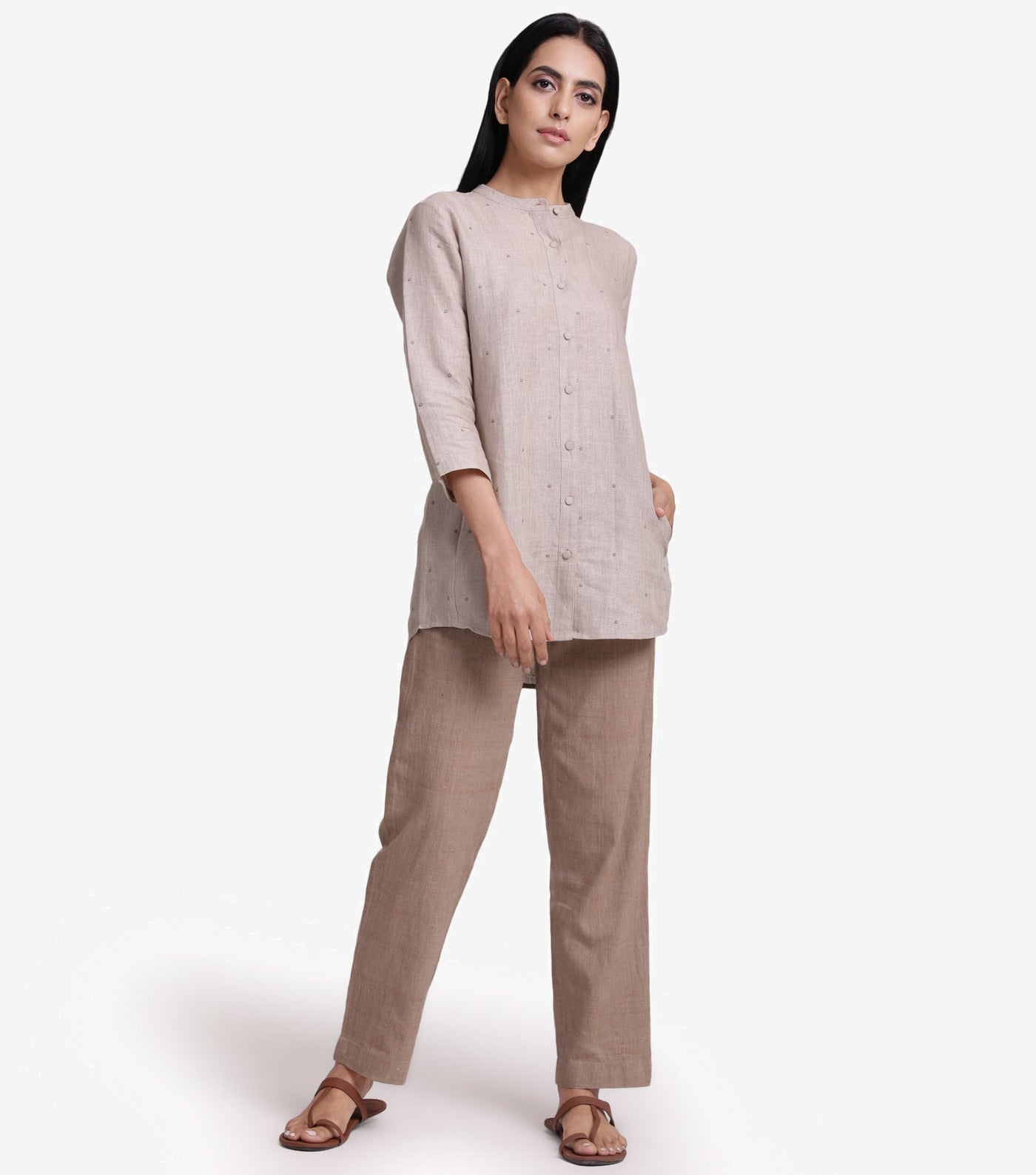 Beige linen embroidered shirt