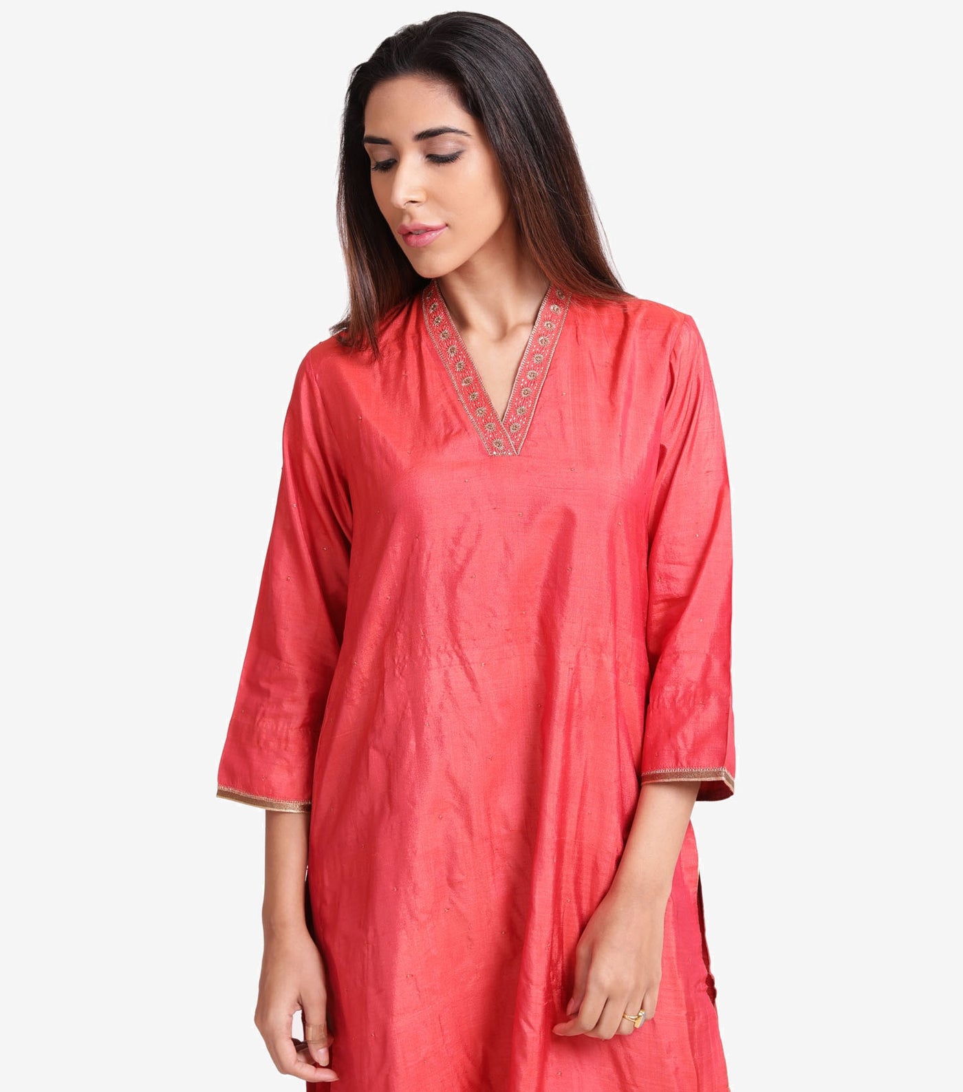 Pink hand embroidered silk kurta