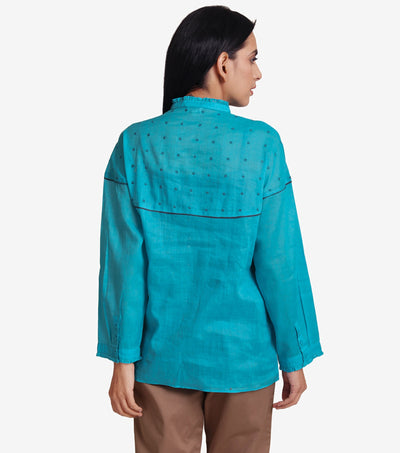 Blue Button Down Embroidered Shirt with Slip