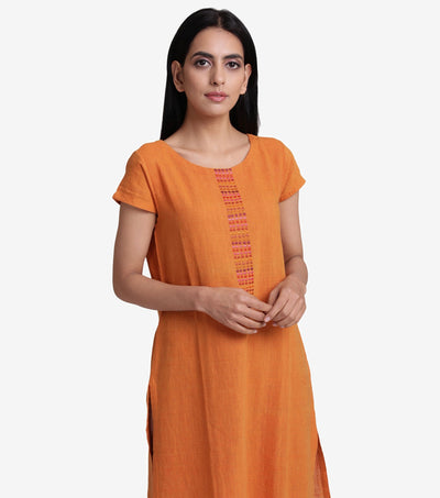 Orange embroidered khadi kurta