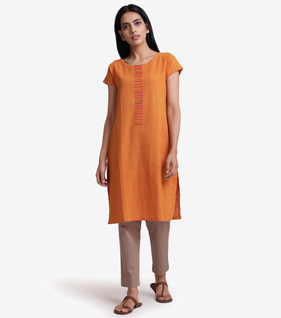 Orange embroidered khadi kurta