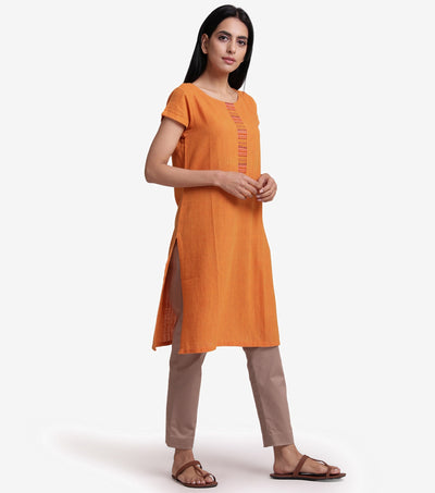 Orange embroidered khadi kurta