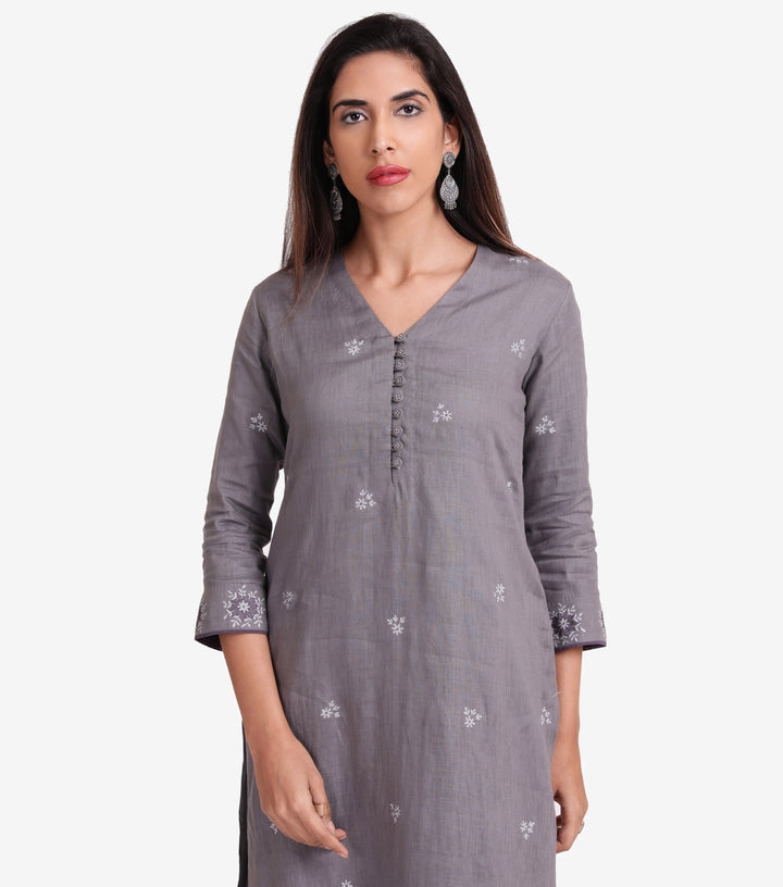 Grey Cotton Linen Embroidered Kurta
