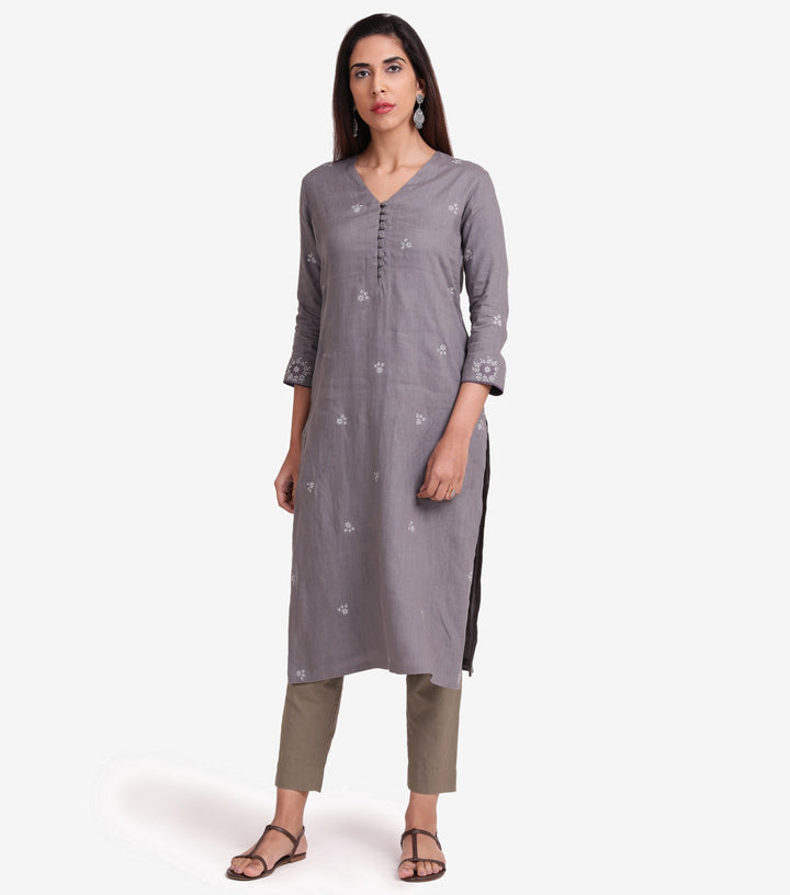 Grey Cotton Linen Embroidered Kurta