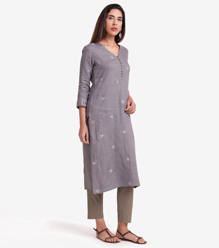 Grey Cotton Linen Embroidered Kurta