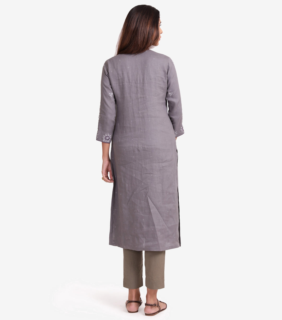 Grey Cotton Linen Embroidered Kurta