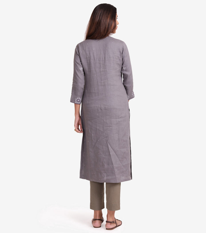 Grey Cotton Linen Embroidered Kurta