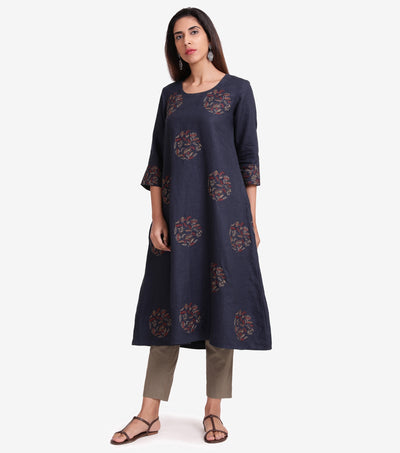 Navy linen embroidered kurta