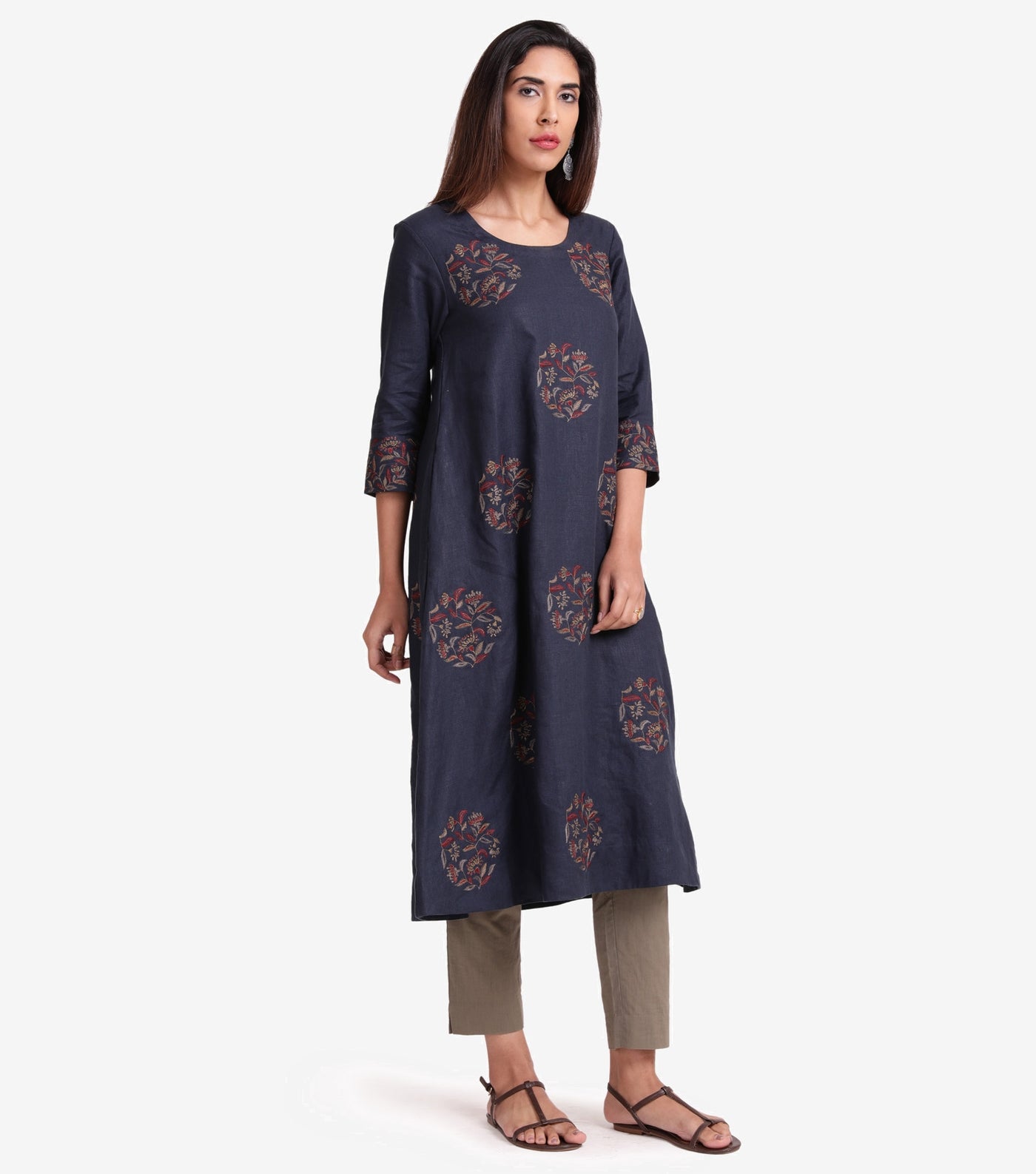 Navy linen embroidered kurta