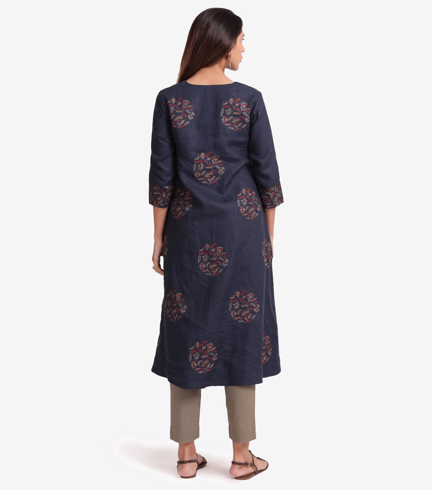 Navy linen embroidered kurta