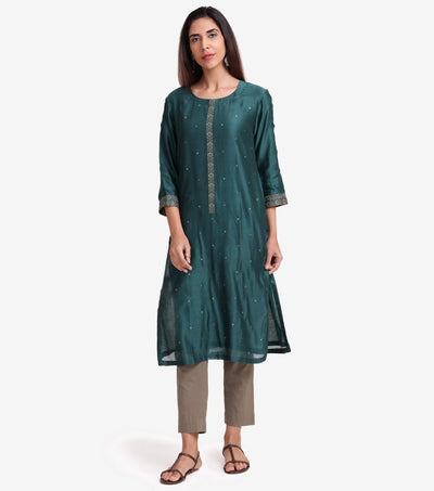 Emerald green chanderi embroidered kurta