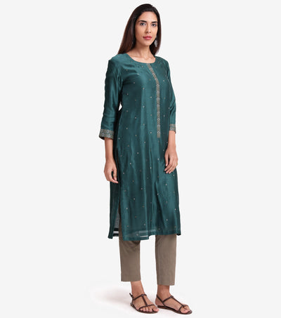 Emerald green chanderi embroidered kurta