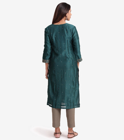 Emerald green chanderi embroidered kurta