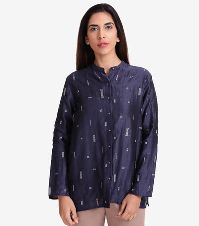 Blue chanderi embroidered shirt